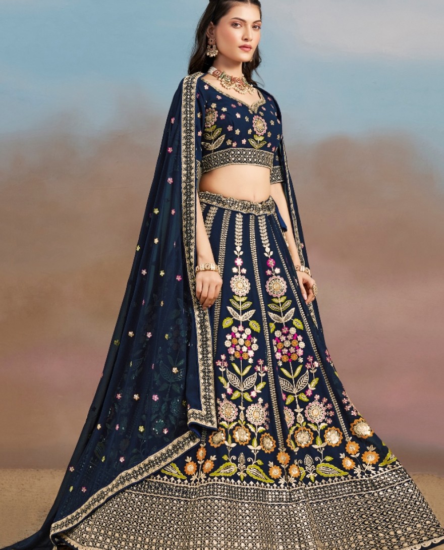 6008-BLUE - Stunning blue Thread Work Georgette Engagement Wear Lehenga With Blouse